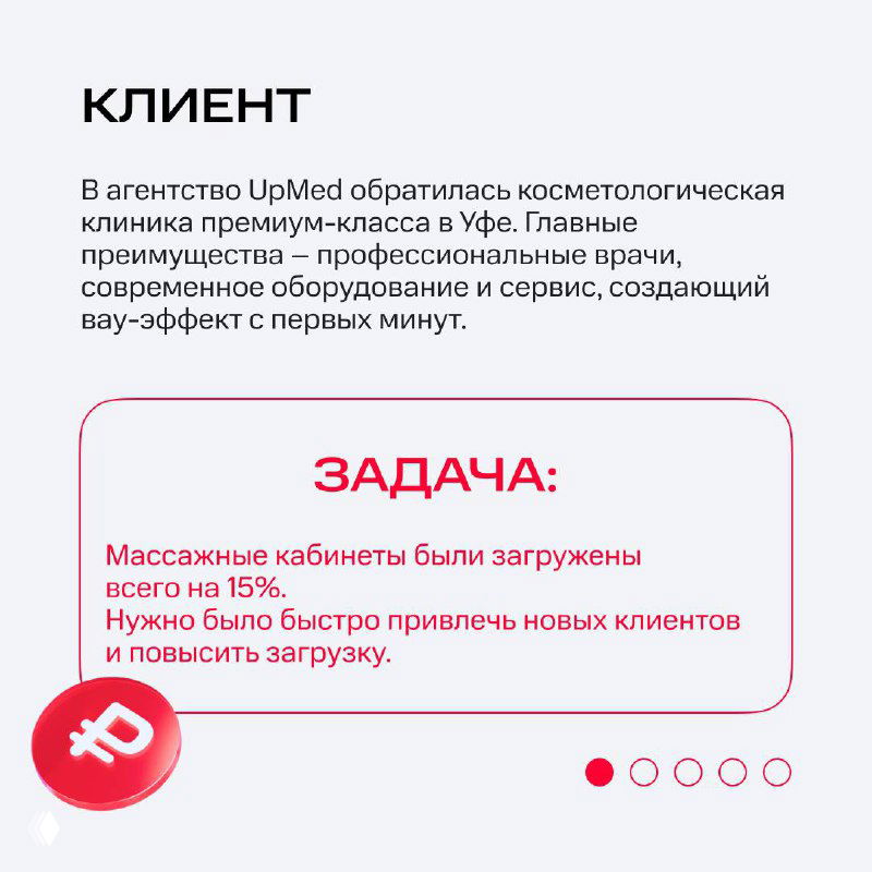 Слайд «Клиент»: информация о премиум-клинике, описание главного преимущества и блок с задачей по загрузке массажных кабинетов на слайде кейса.