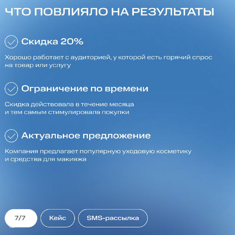 Слайд с факторами, повлиявшими на результаты: скидка 20%, ограничение по времени и актуальное предложение — перечисление и иконки на фоне.