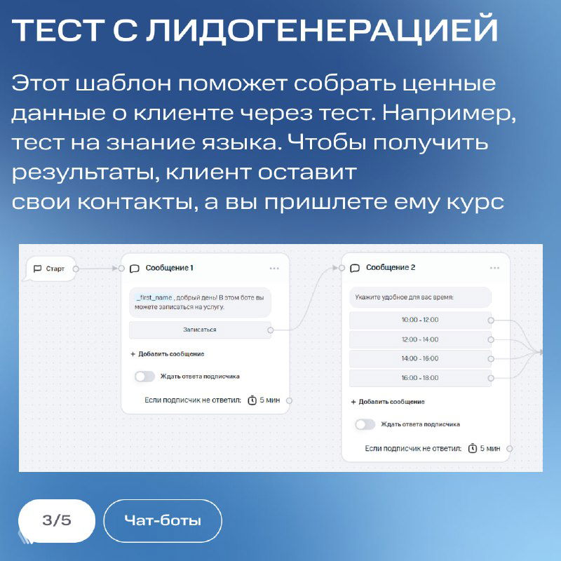 Карточка шаблона «Тест с лидогенерацией»: интерфейс с блоками вопросов, пример теста для сбора данных клиента и дальнейшей отправки результатов.