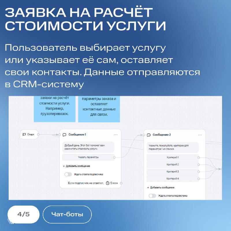 Карточка шаблона «Заявка на расчёт стоимости услуги»: демонстрация выбора услуги пользователем, полей контактов и отправки данных в CRM‑систему.