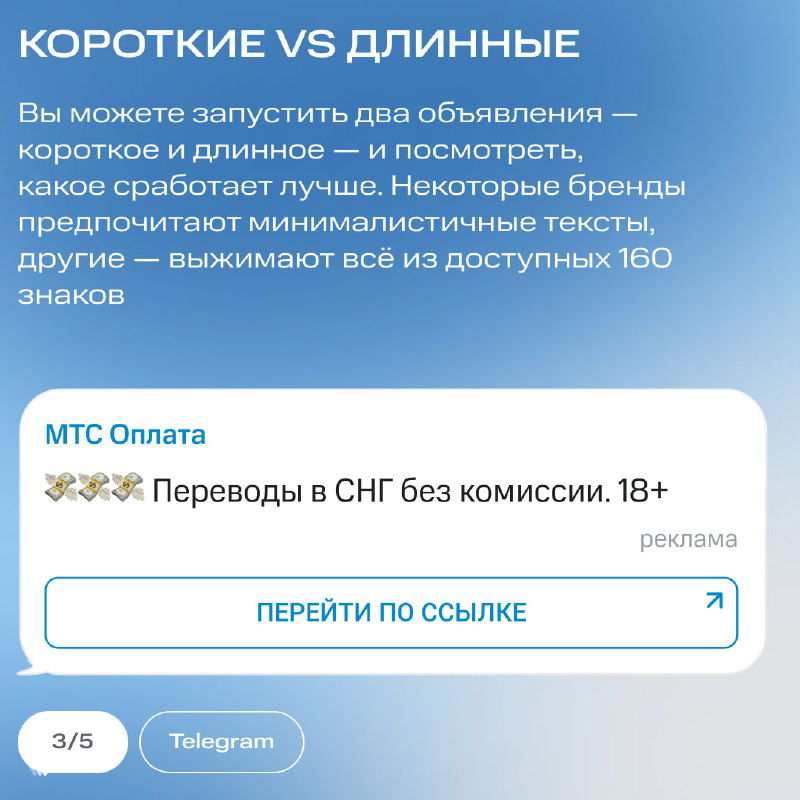 Слайд, сравнивающий короткие и длинные объявления, показывает пример карточки с минималистичным текстом и совет по A/B тестированию форматов.