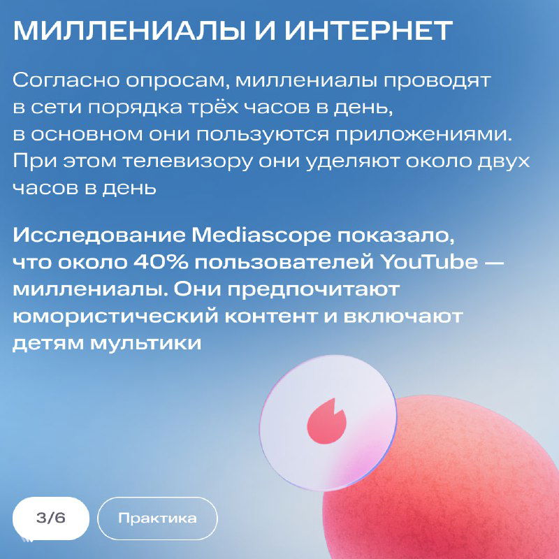 Слайд об интернете: сколько времени миллениалы проводят в сети, предпочтение YouTube и приложений, фоновая иллюстрация и текстовые блоки на пастельном фоне.