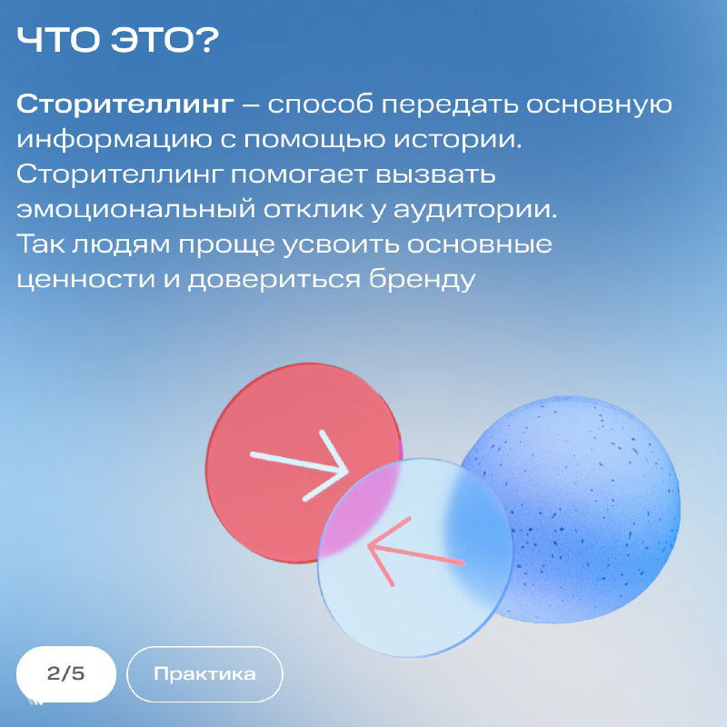 Слайд «Что это?» — определение сторителлинга и объяснение, как история вызывает эмоциональный отклик, с тремя полупрозрачными сферами.