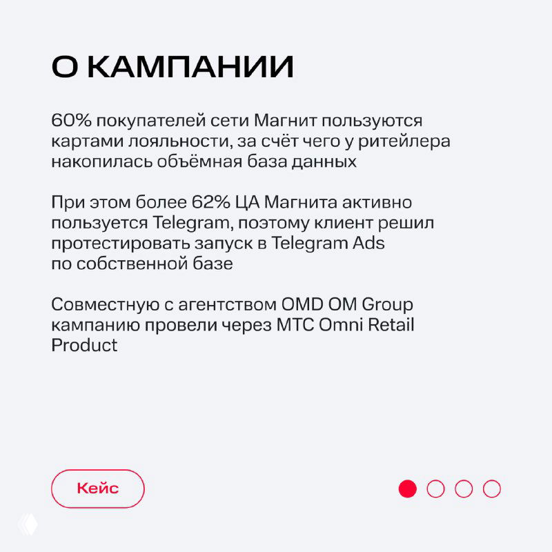 Слайд «О кампании»: текст о том, что 60% покупателей пользуются картами лояльности и решение протестировать запуск в Telegram Ads.