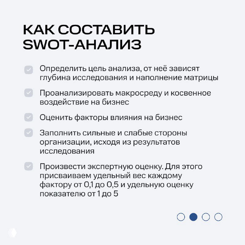 Слайд «Как составить SWOT‑анализ» с маркированным списком шагов: цель анализа, макросреда, оценка факторов, заполнение матрицы, экспертная оценка.