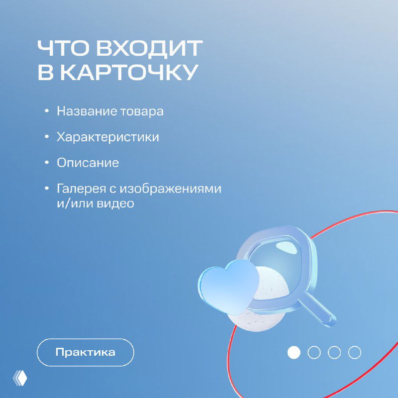 Слайд с перечнем составляющих карточки товара: название, характеристики, описание, галерея с изображениями и/или видео на голубом фоне.