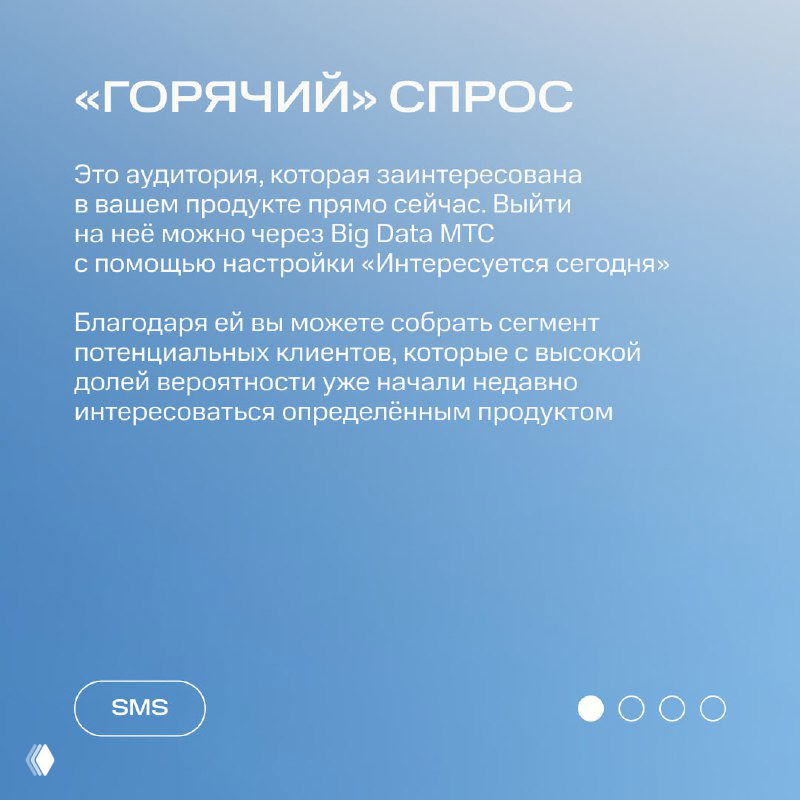 Слайд «Горячий спрос»: текст на синем фоне объясняет сегментацию аудиторий через Big Data МТС и настройку «Интересуется сегодня», иллюстрация тематики SMS.