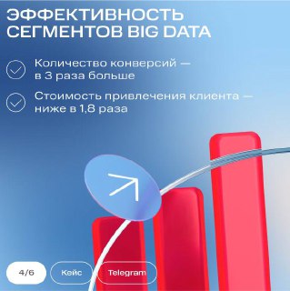 Слайд об эффективности сегментов Big Data: пункты с результатами — количество конверсий в 3 раза больше и снижение стоимости привлечения почти в два раза, графика и столбцы.