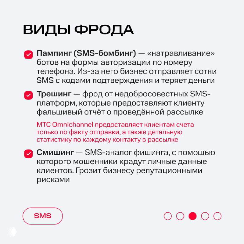 Слайд «Виды фрода» с описанием сим‑бомбинга, трэшинга и смишинга — типов мошеннических SMS и их последствий для бизнеса и клиентов.