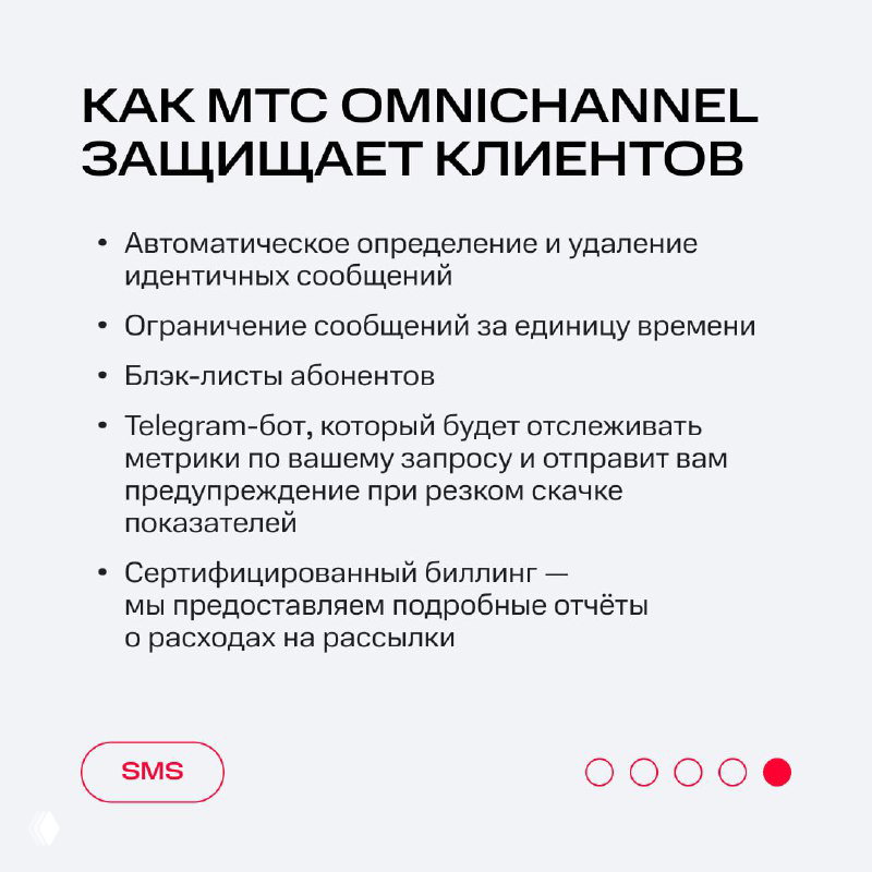 Слайд «Как МТС OmniChannel защищает клиентов» со списком функций: удаление идентичных сообщений, черные списки, Telegram‑бот и отчёты по рассылкам.