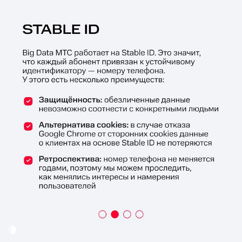 Слайд о концепции Stable ID в Big Data МТС: преимущества защищённой привязки абонента, альтернатива cookies и ретроспективность данных.