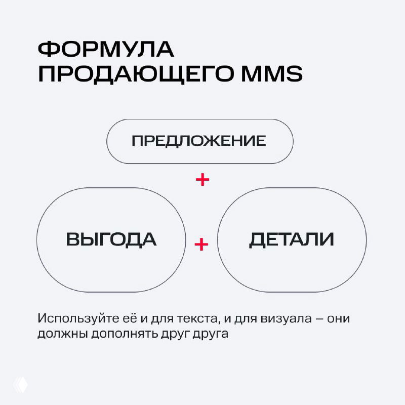 Слайд с «формулой продающего MMS»: блоки «предложение», «выгода», «детали» и рекомендация сочетать текст и визуал, оформлено в диаграмме.