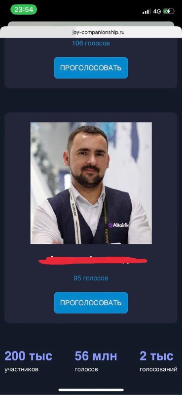 Скриншот страницы голосования: профиль кандидата, кнопка «Проголосовать» и счётчик участников — выглядит как фальшивая анкета для накрутки.