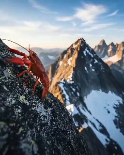 Красный рак, карабкающийся по скалистой вершине на фоне заснеженных гор и неба — образ усилий в процессе сепарации.