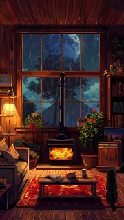 Уютная гостиная с камином у окна в дождливую ночь, деревянная отделка, растения и книжные полки, тёплая атмосфера.