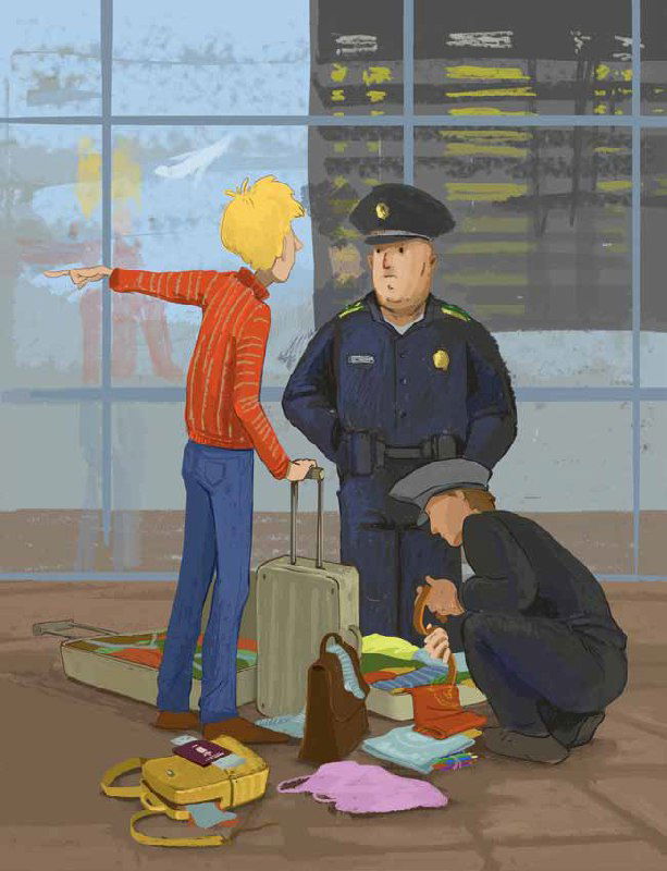 Сцена досмотра багажа в аэропорту: один мальчик объясняет охране, другой наблюдает, иллюстрация подчёркивает напряжённый момент путешествия.