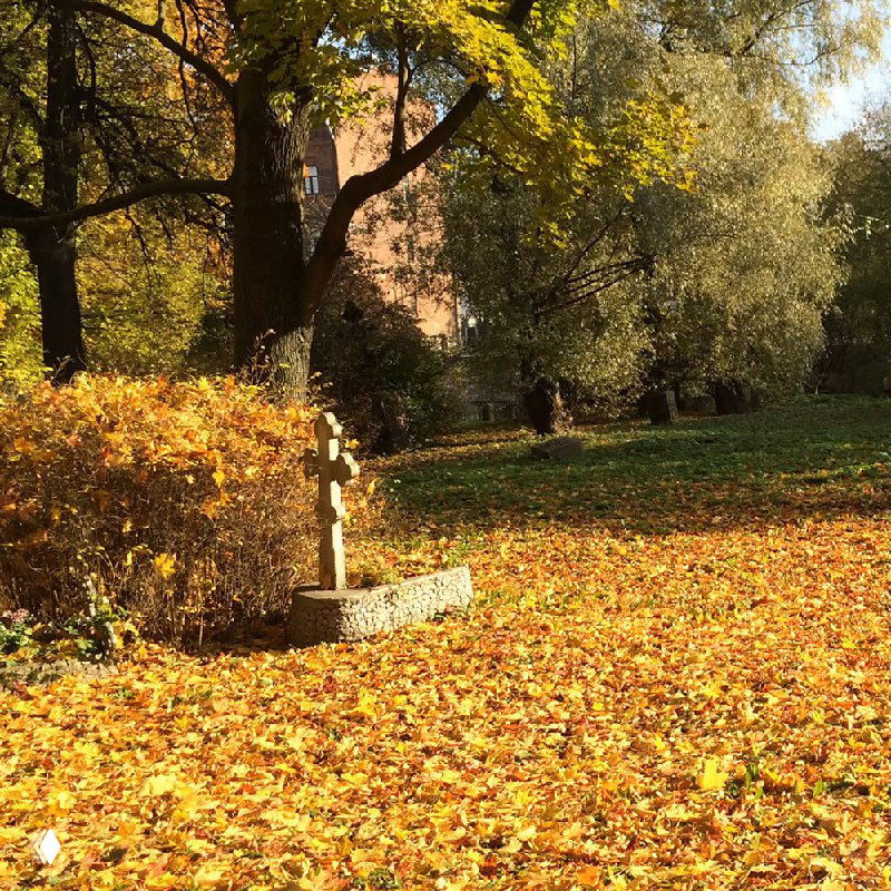 Каменный крест у здания в парке осенью; вокруг расстилается густой ковёр золотых листьев, виднеется дальний лес и солнце.