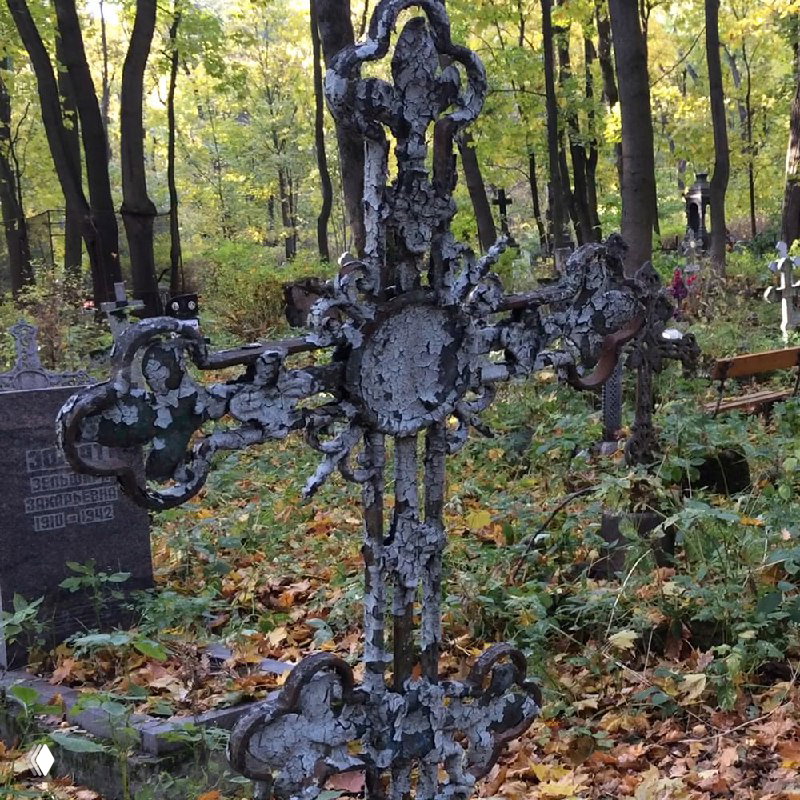 Сложный кованый крест, покрытый мхом и опавшей листвой, в углу старого кладбища среди деревьев и тёплых октябрьских тонов.