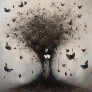 Сюрреалистическое изображение: женская статуя с деревом вместо головы, из кроны летают бабочки, мрачный фон.