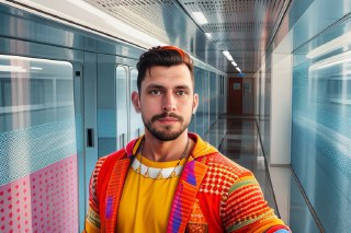 Портрет того же мужчины в коридоре фотозоны с иной цветовой обработкой; иллюстрация вариативности нейро-стилей для печати сувениров.