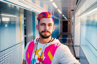 Портрет мужчины с яркими радужными акцентами в волосах и одежде; пример креативной нейро-модификации фотографии для ивента.