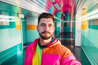 Мужской портрет в насыщенных цветах и геометрическом оформлении коридора; демонстрация итогового стиля для печати и экспозиции.