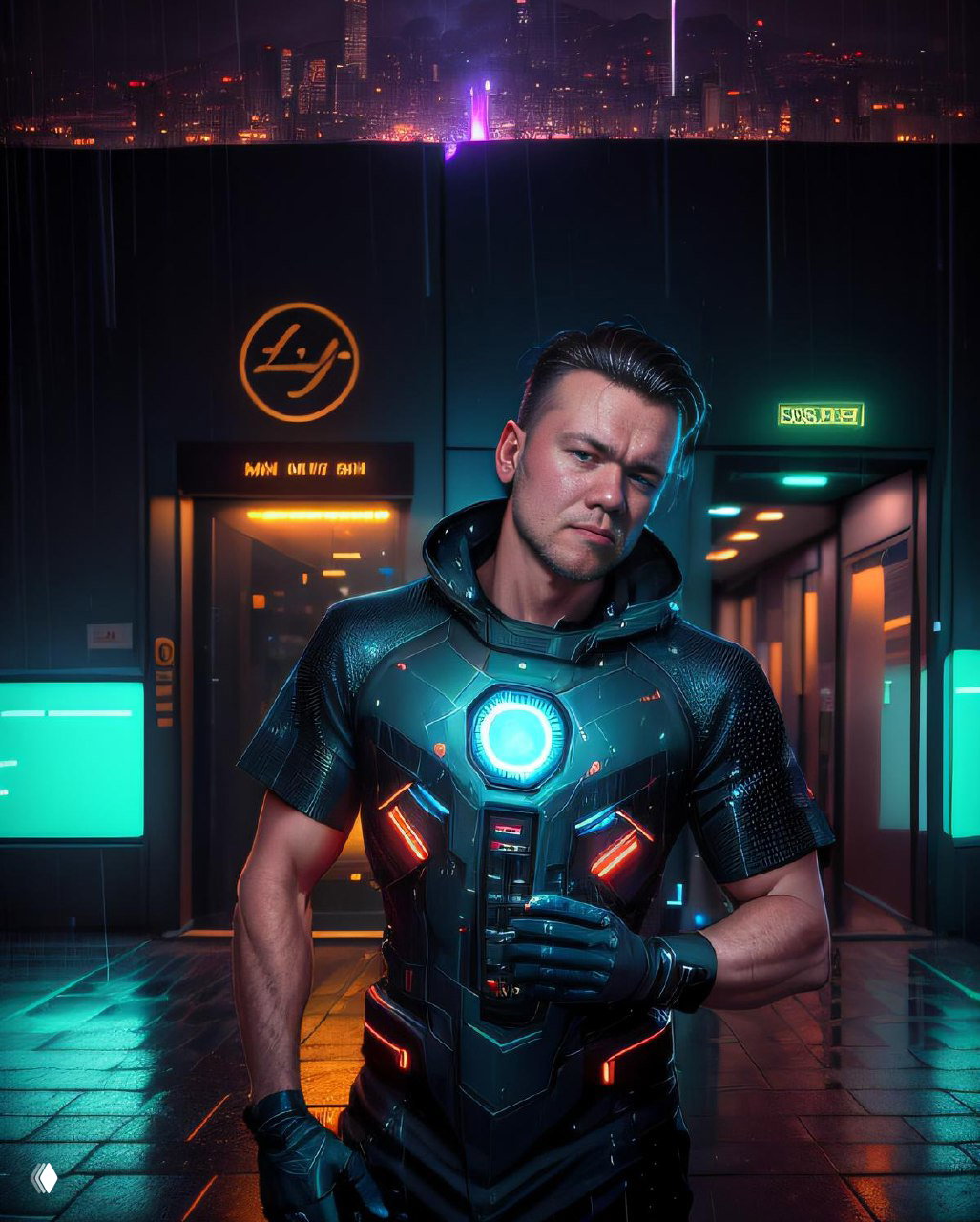 Стилизованный портрет мужчины в футуристической броне и неоновом освещении — демонстрация возможных художественных стилей обработки фотографий.