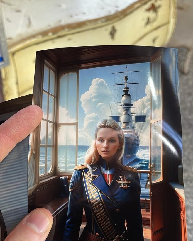 Распечатанная фотокарточка: женщина в капитанском мундире на фоне корабля — образ, созданный нейросетью и напечатанный как сувенир.