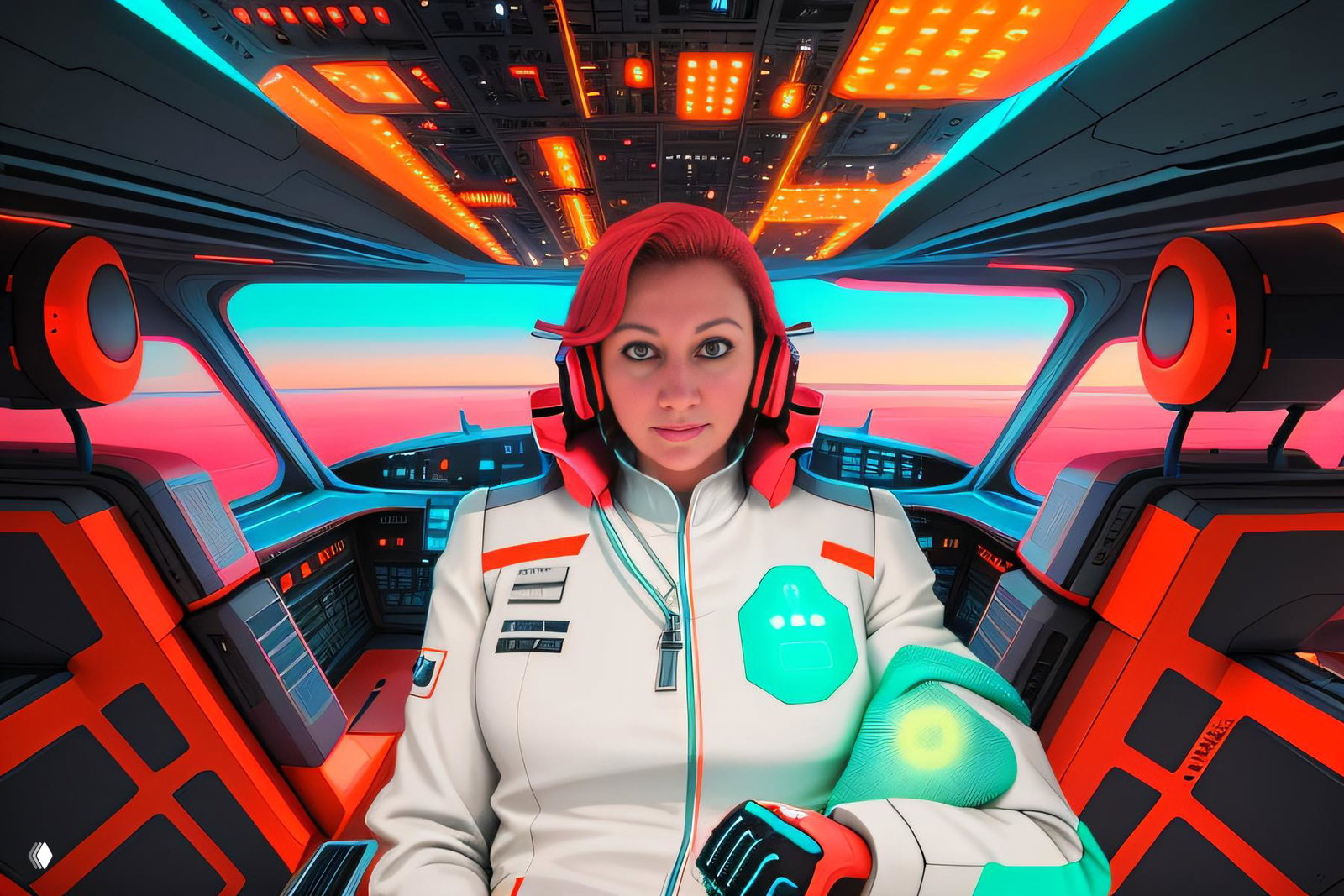 Яркий AI‑портрет женщины в кабине самолёта с неоновой подсветкой и футуристическим интерьером — демонстрация одного из стилей обработки.
