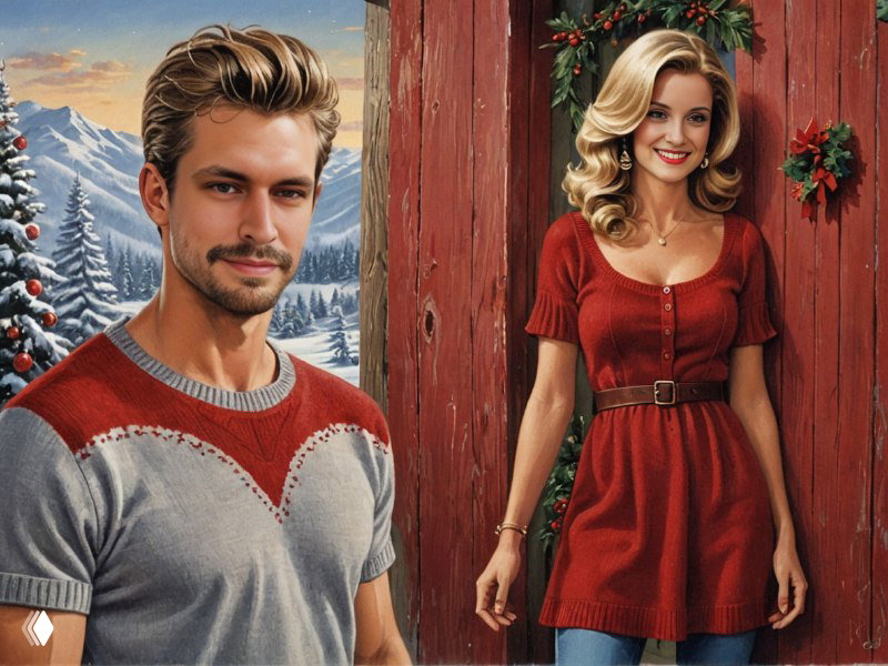 Праздничная AI‑иллюстрация: пара на фоне зимней декорации и деревянной дверцы, тёплая цветовая гамма для рождественского настроения