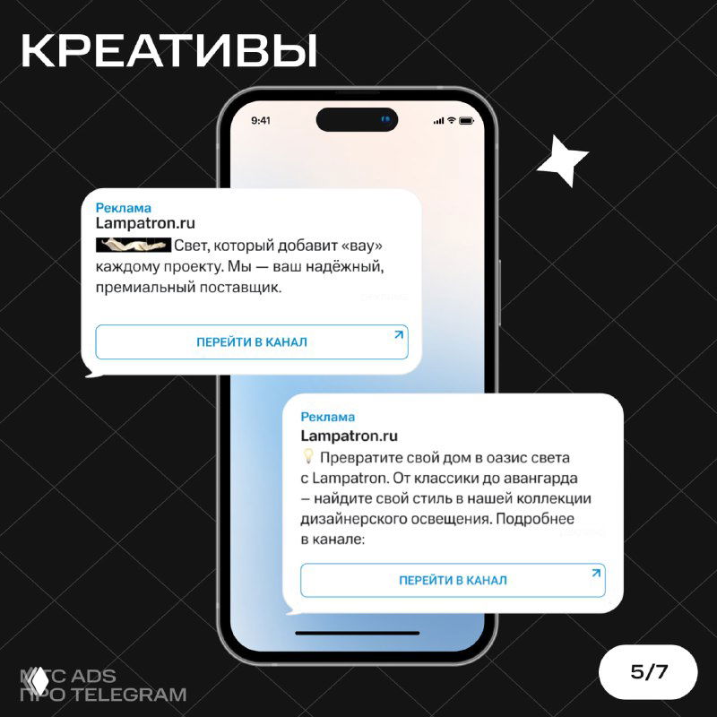 Карточка 5: креативы — макеты сообщений Lampatron на фоне смартфона с примерами копий и кнопок перехода в канал.