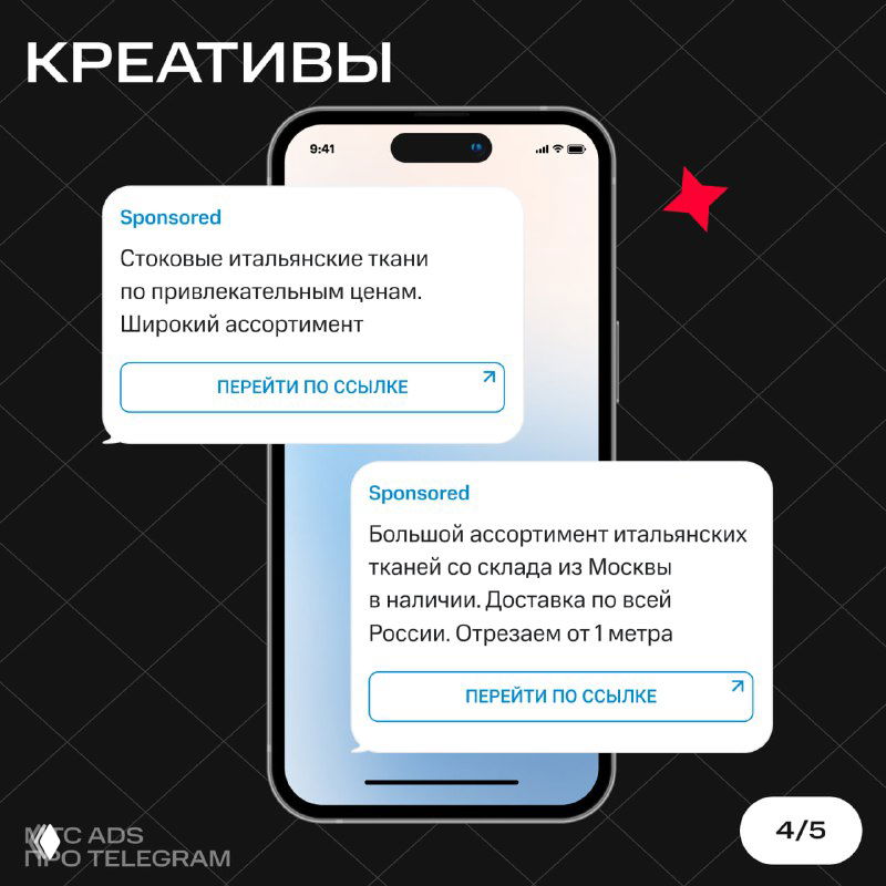 Слайд «Креативы»: макеты мобильных объявлений в смартфоне, примеры текстов объявлений для продвижения итальянских тканей и визуальные подсказки.