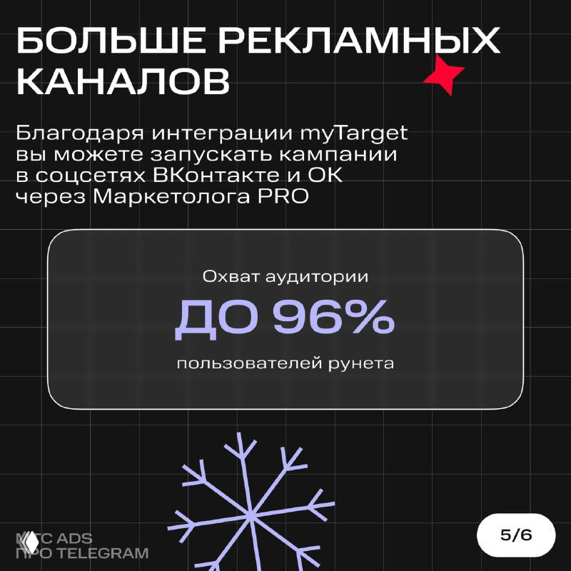 Слайд «Больше рекламных каналов»: указание интеграции myTarget и соцсетей, статистика охвата до 96% пользователей рунета, тёмный фон.