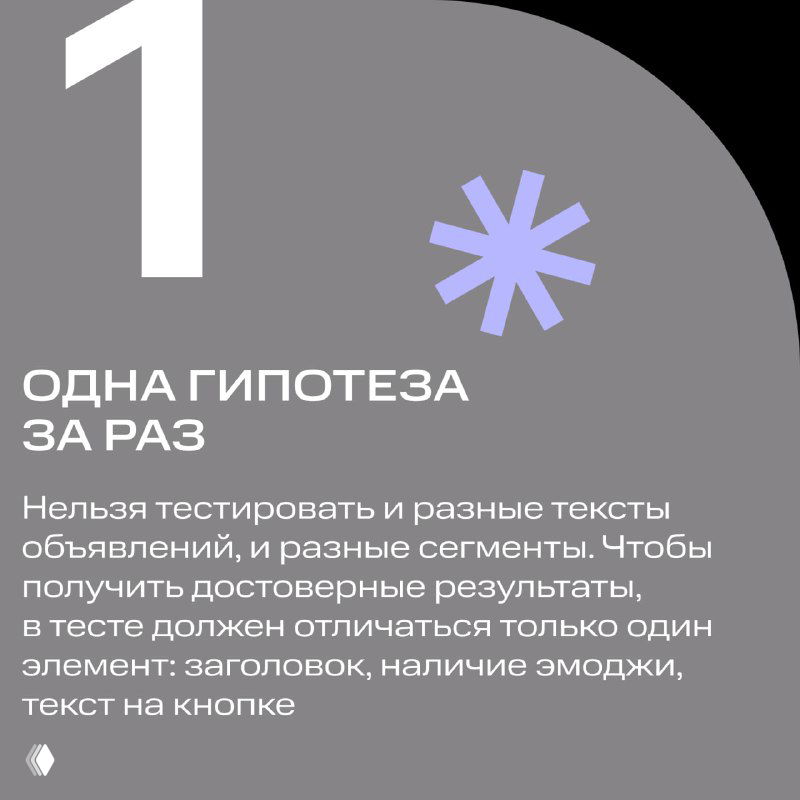 Слайд №1: правило «Одна гипотеза за раз» — рекомендация тестировать только один элемент в объявлении (заголовок, эмоджи, текст на кнопке).