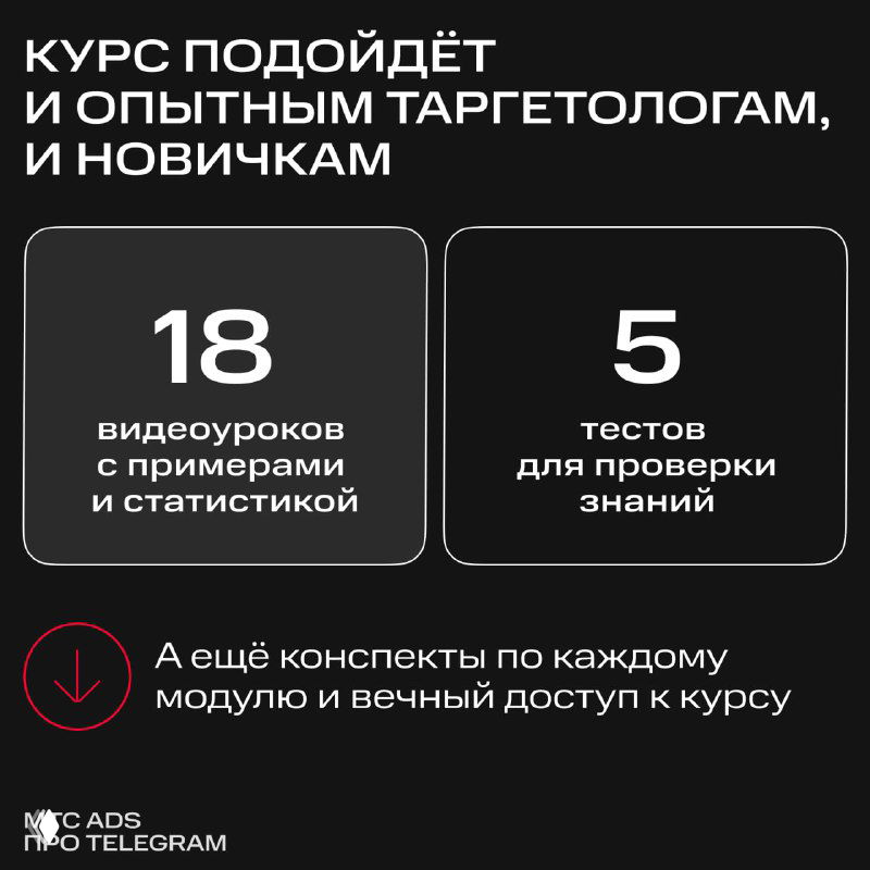 Инфографика курса: блок с текстом «Курс подойдёт и опытным таргетологам, и новичкам», статистика — 18 видеоуроков и 5 тестов, вечный доступ и конспекты.