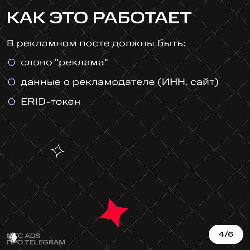 Слайд с практической частью: какие элементы должны быть в рекламном посте — слово «реклама», данные рекламодателя (ИНН, сайт) и обязательный ERID‑токен для идентификации.