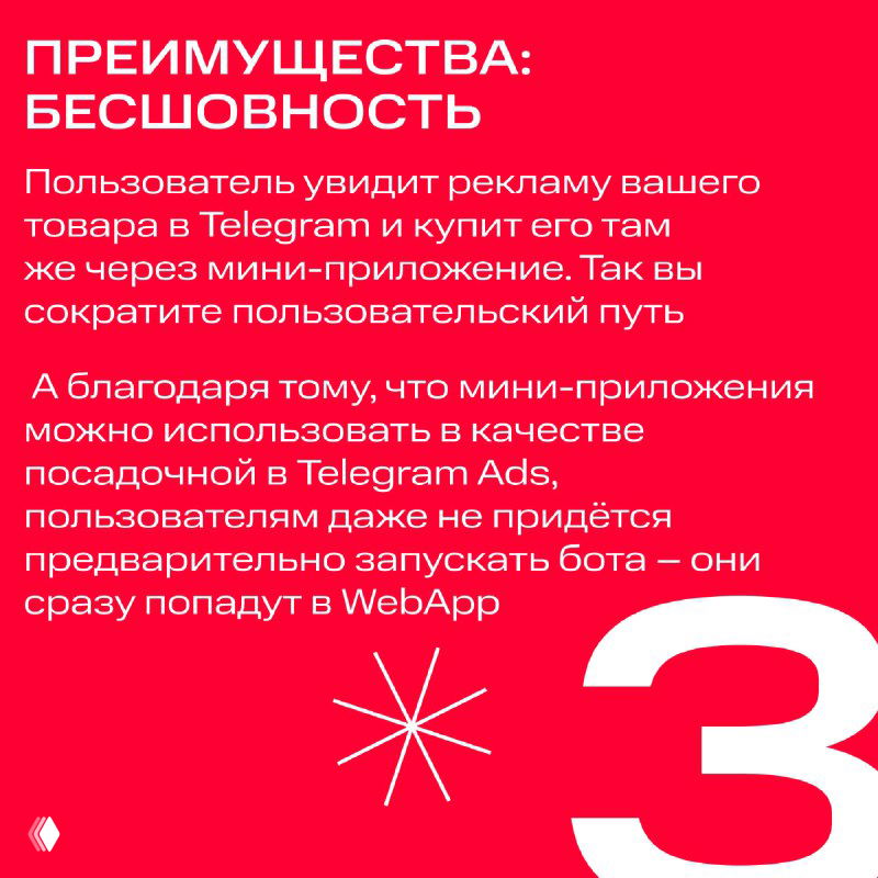 Карточка №3: про бесшовность — пользователи видят рекламу и сразу покупают в Telegram через мини‑приложение, крупная цифра 3 на фоне.