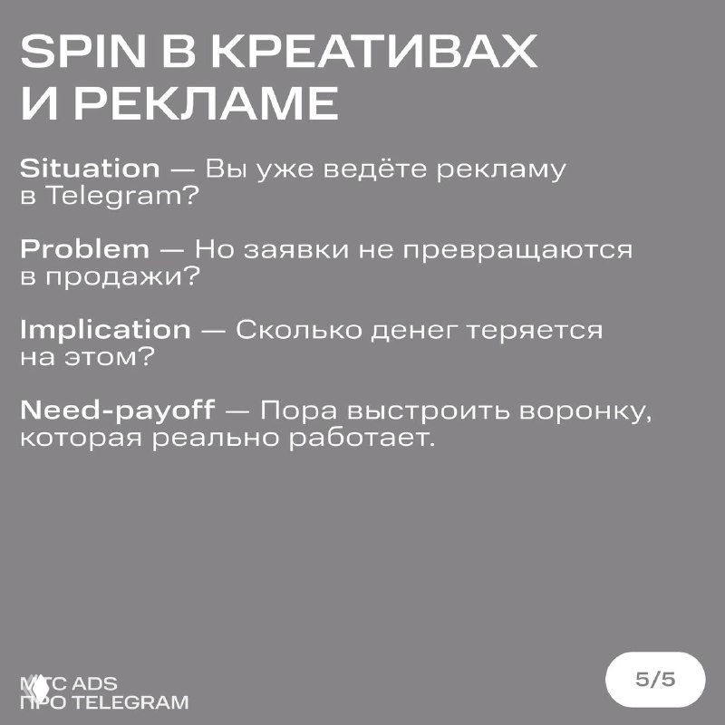 Слайд «SPIN в креативах и рекламе» с примерами вопросов Situation, Problem, Implication, Need‑payoff и комментарием о построении рабочей воронки.