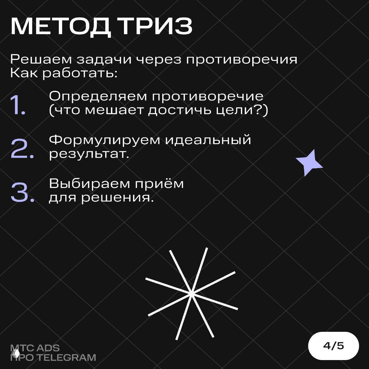 Слайд: метод ТРИЗ — шаги для решения задач через противоречия: определить противоречие, сформулировать идеал, выбрать приём; стильная инфографика на чёрном фоне.