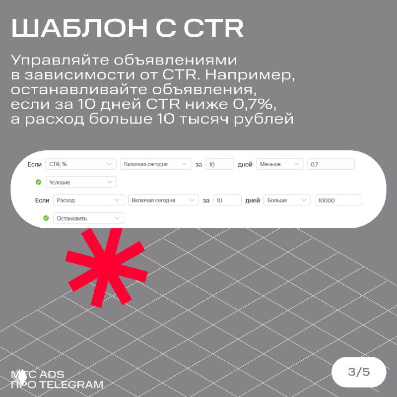 Карточка «Шаблон с CTR»: пример условия по CTR с фильтрами и текстом о приостановке объявлений при низком CTR, скриншот формы правила.