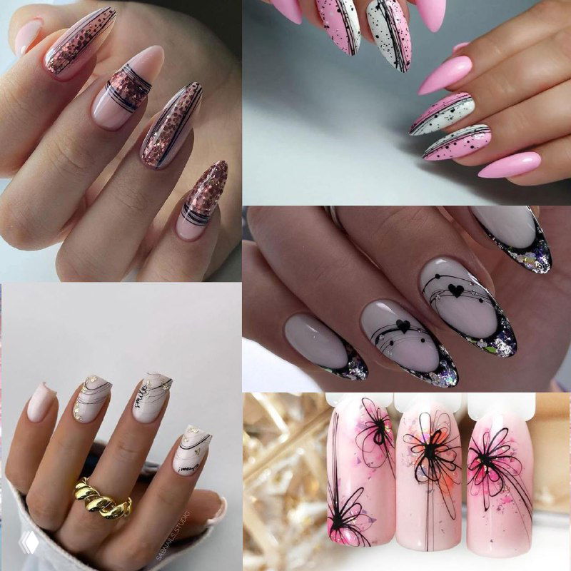 Коллаж вариантов ногтей: удлинённые формы с паутинкой, матовым топом, фольгой и декоративными элементами в пастельной и яркой гамме.