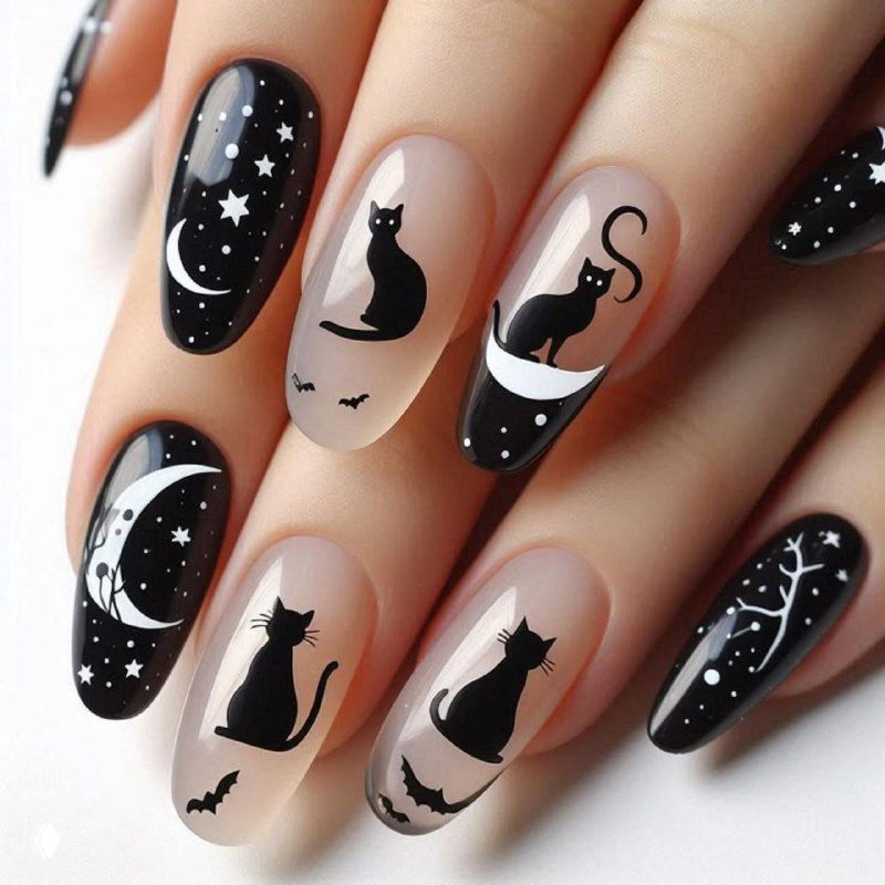 Мистический дизайн: силуэты кошек и ночное небо