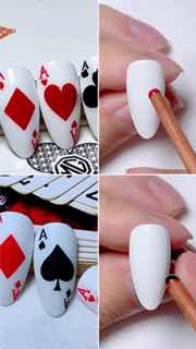 Коллаж маникюра с карточным дизайном: белый минималистичный фон и аккуратно прорисованные масти карт на овальных ногтях.