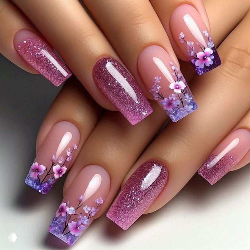 Объёмные цветы и градиент с блестками