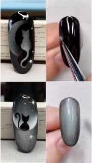 Фотография маникюра: чёрная и серая палитра с силуэтом кошки, лунным отблеском и рассыпанными звёздами на ногтевой пластине.