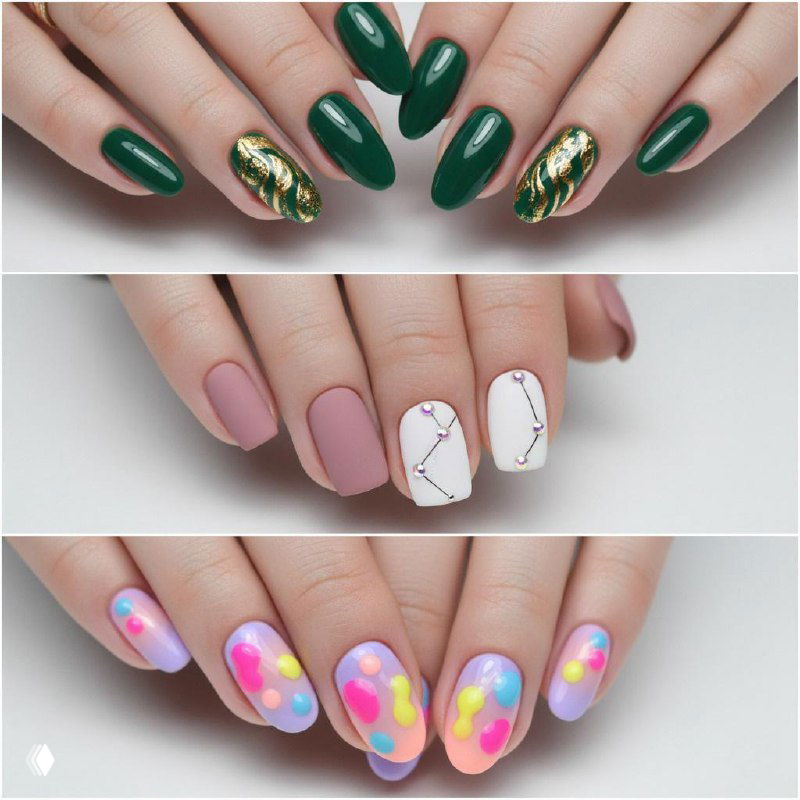 Коллаж из трёх вариантов маникюра: тёмно-зелёные овальные, нежно-розовые с минималистичным декором и пастельные с яркими разноцветными акцентами.