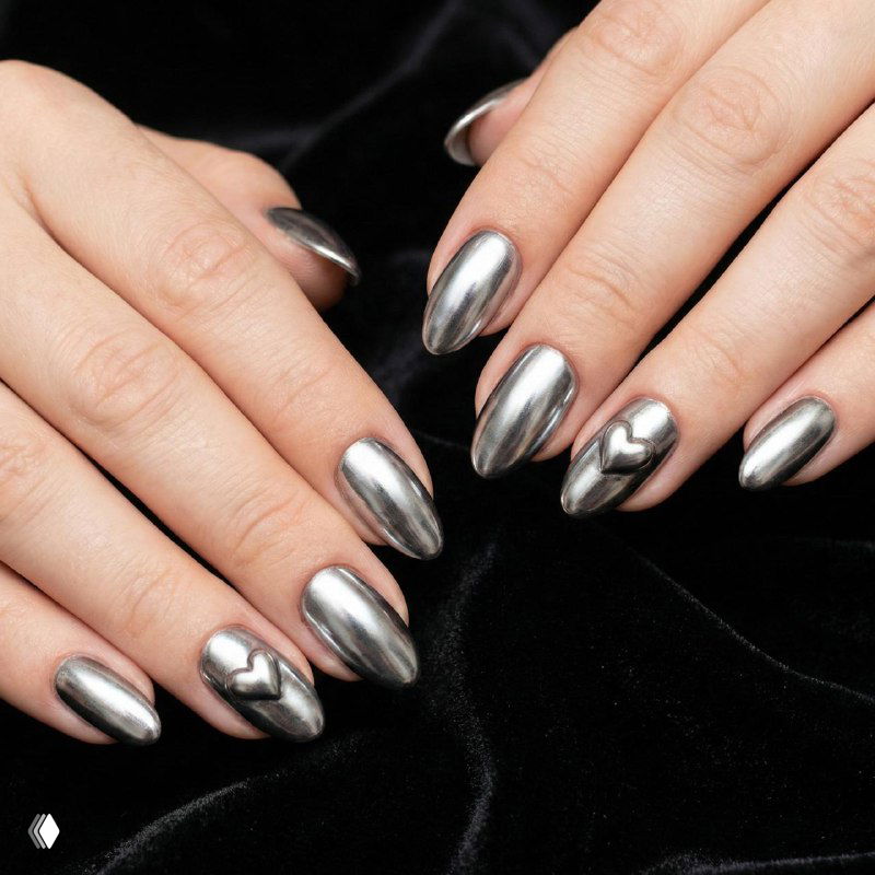Ногти с зеркальным металлическим покрытием: длинные овальные пластины с ярким стальным блеском и отражением света на поверхности.