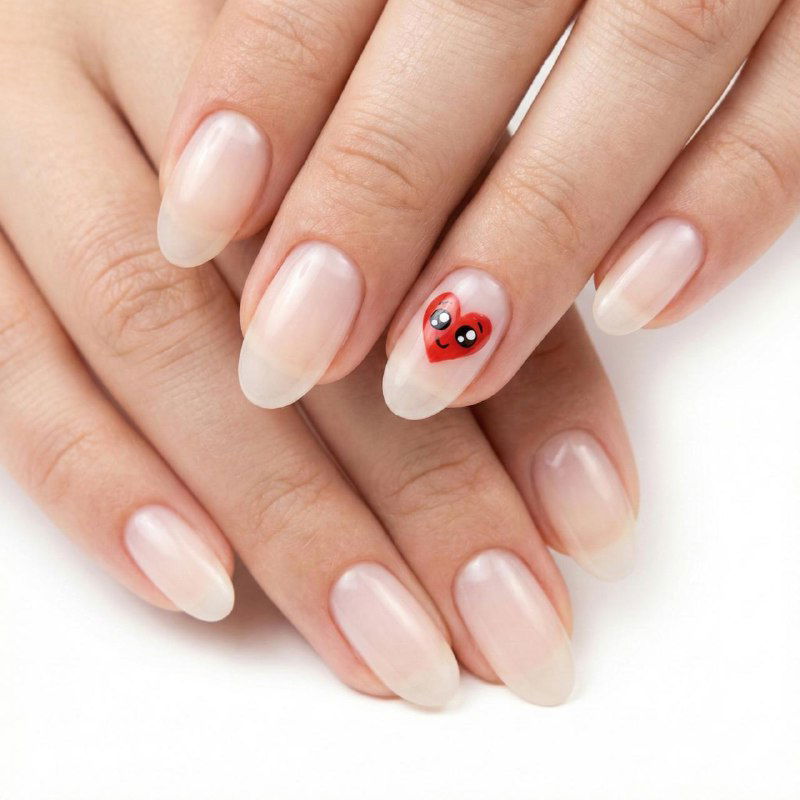 Натуральная молочно-прозрачная база с миниатюрным красным сердечком у кутикулы, на котором нарисованы маленькие глаза — минималистичный дизайн.
