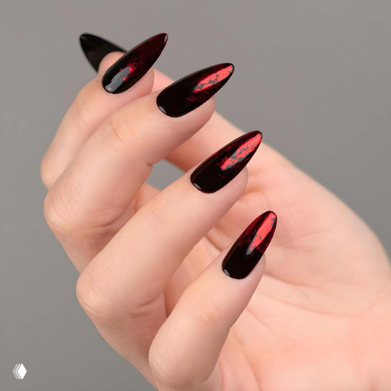 Драматичный чёрный маникюр с красными акцентами