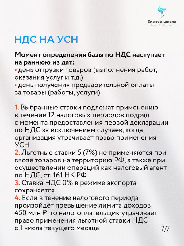 Слайд «НДС на УСН» с указанием момента определения базы по НДС, льготных ставок и практических примеров определения налоговой базы.